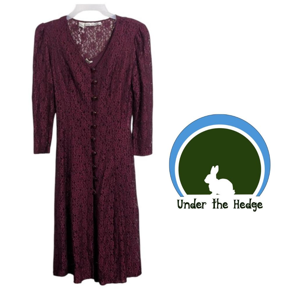 Vtg Sarah Richards Burgundy Lace Midi Dress Fits Medium Boho Whimsigoth W1
